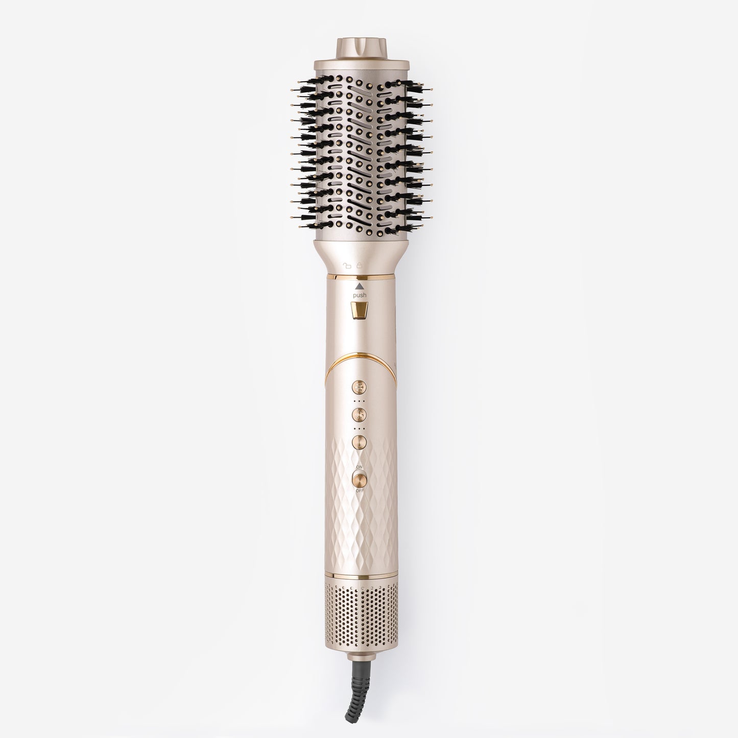 Hair styling tool with bristle brush head on a white background